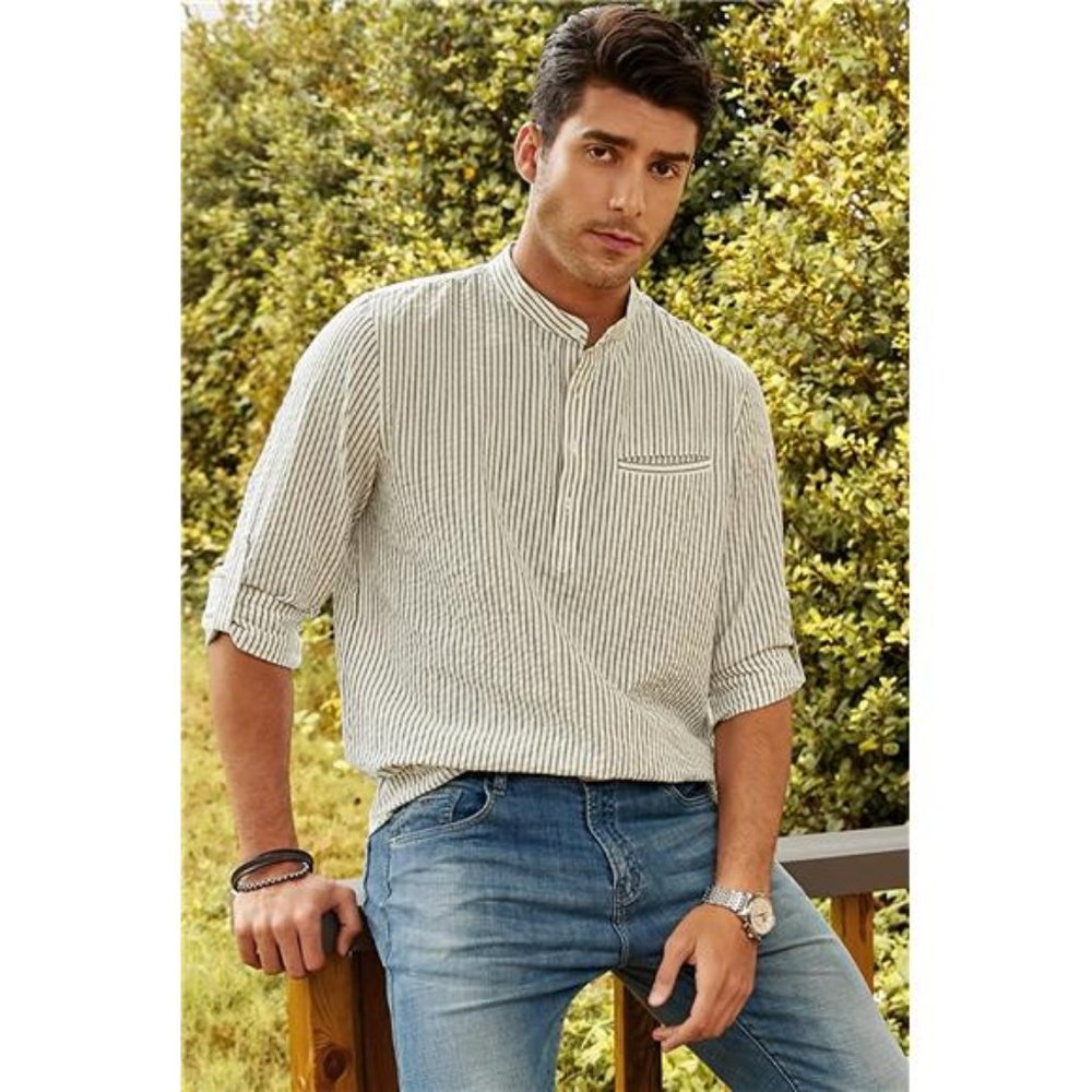 Men's Casual Summer Cotton Henley Shirt Long Sleeve Hippie Striped Beach Shirts - Picture 4 of 7